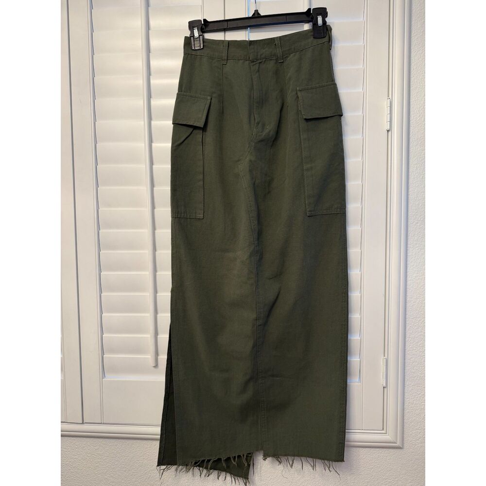 Local European Olive Green Cargo Maxi Skirt Side Slit Frayed Raw Hem Size XS